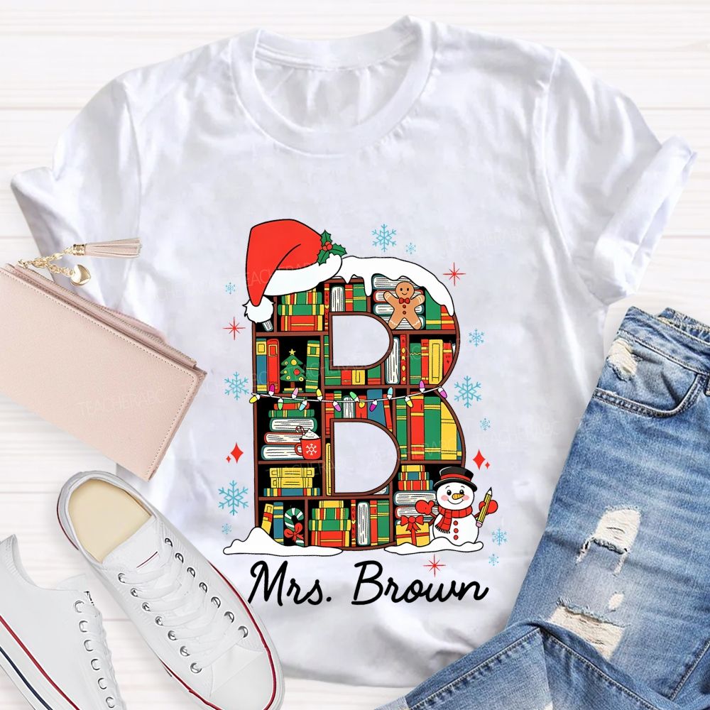 Personalized Name Christmas Bookshelf Monogram Letter Teacher T-shirt