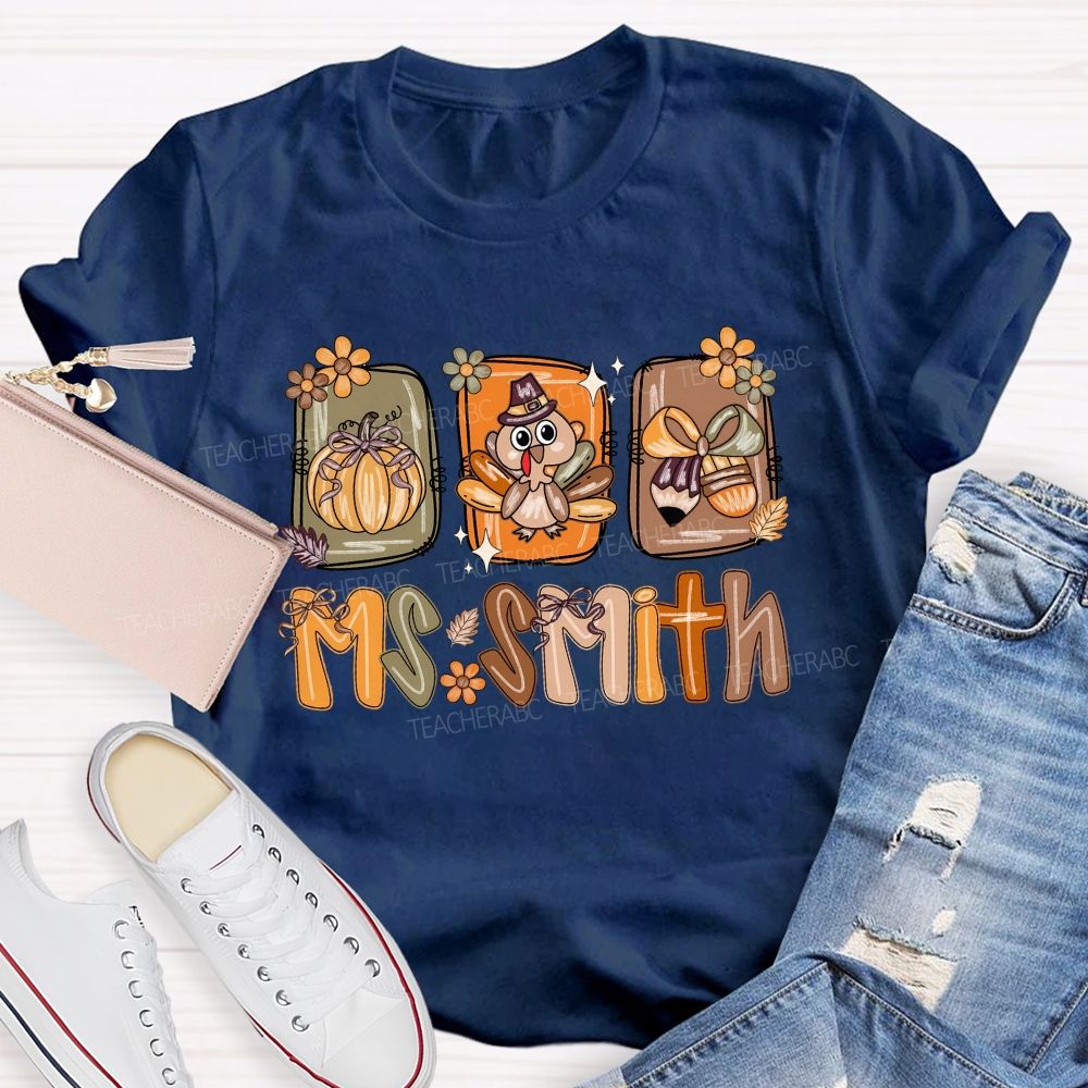 Personalized Name Fall Thanksgiving Teacher T-shirt