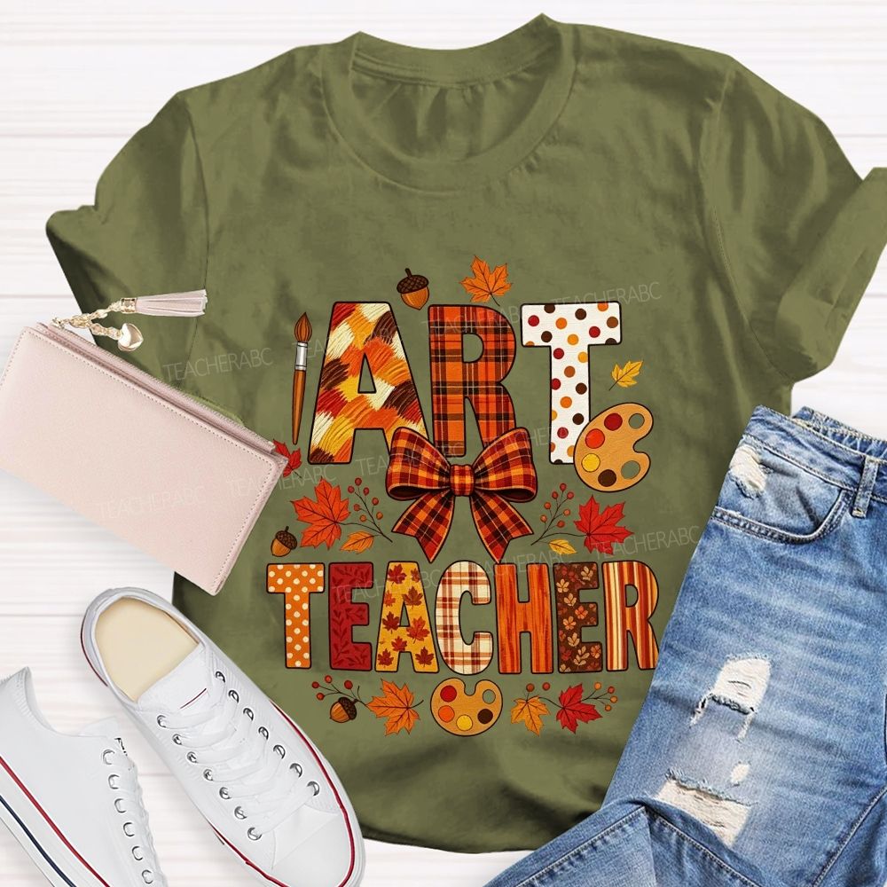 Fall Art Teacher Plaid Bow Maple Leaf Teacher T-shirt