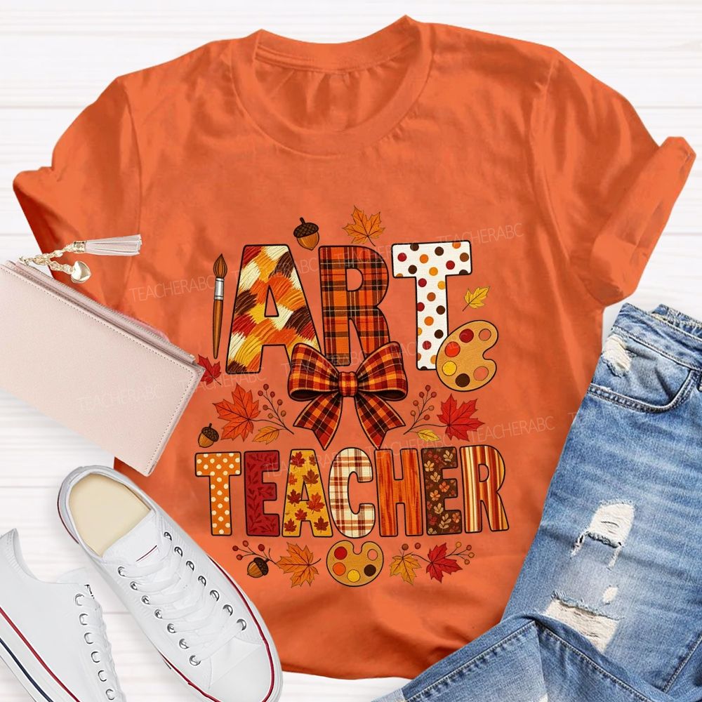 Fall Art Teacher Plaid Bow Maple Leaf Teacher T-shirt