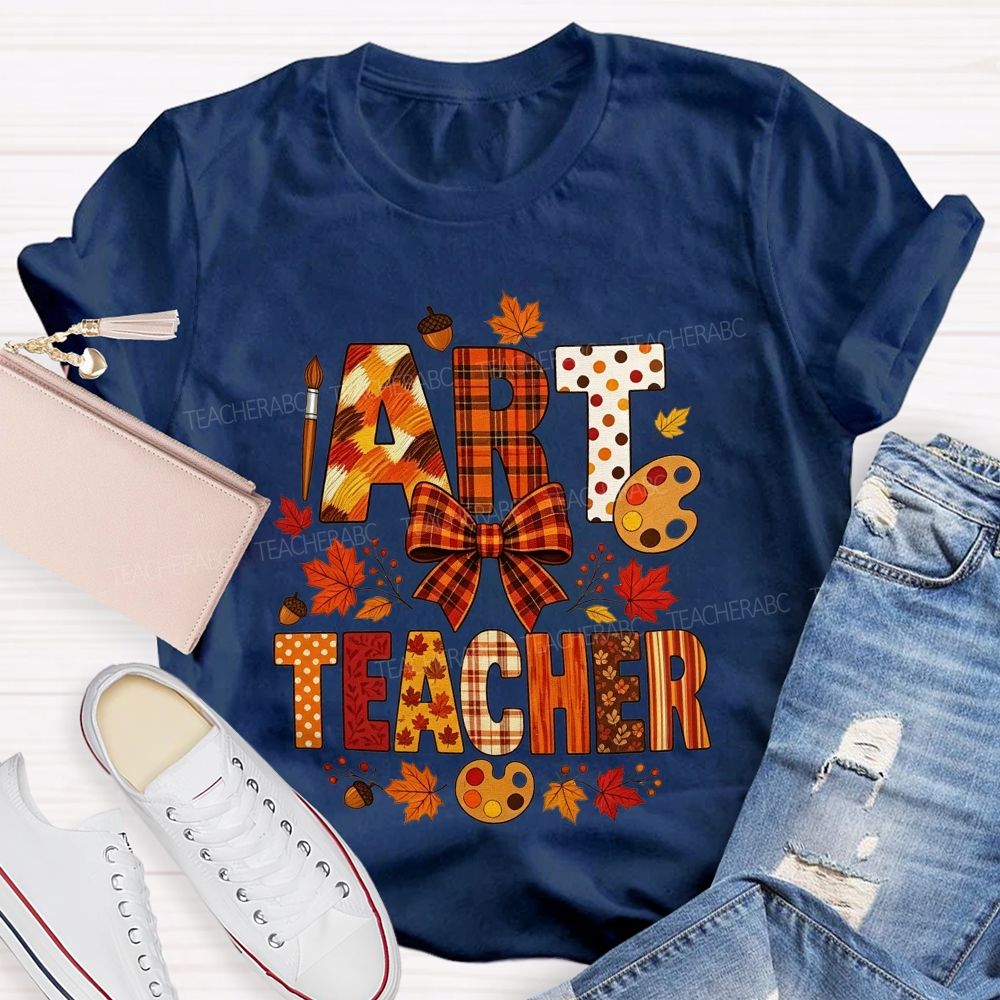 Fall Art Teacher Plaid Bow Maple Leaf Teacher T-shirt