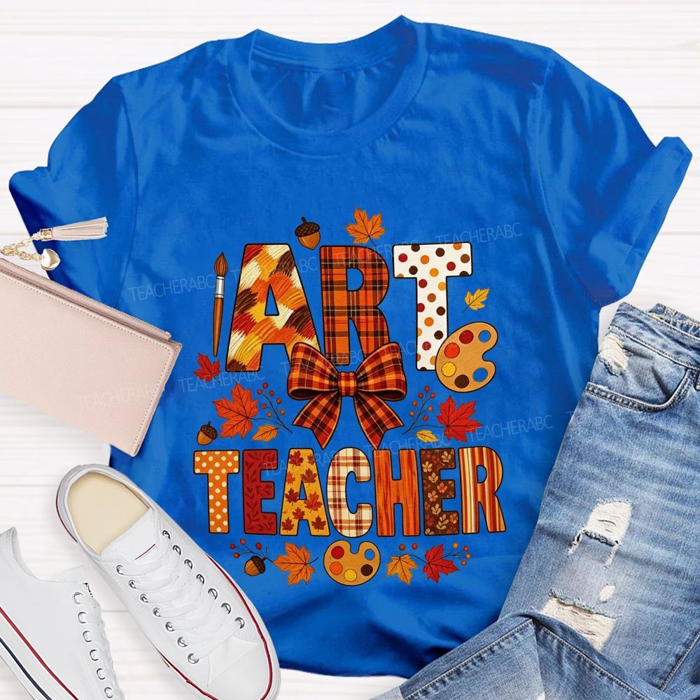 Fall Art Teacher Plaid Bow Maple Leaf Teacher T-shirt