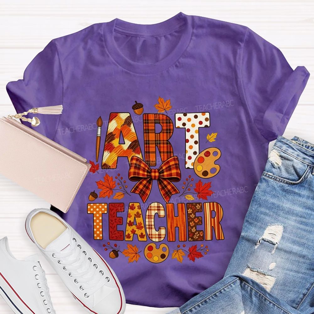 Fall Art Teacher Plaid Bow Maple Leaf Teacher T-shirt