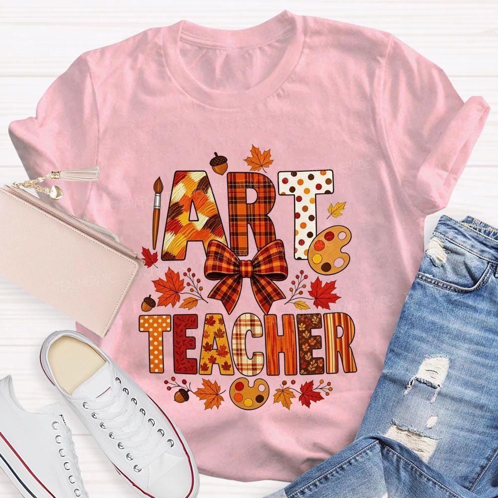 Fall Art Teacher Plaid Bow Maple Leaf Teacher T-shirt