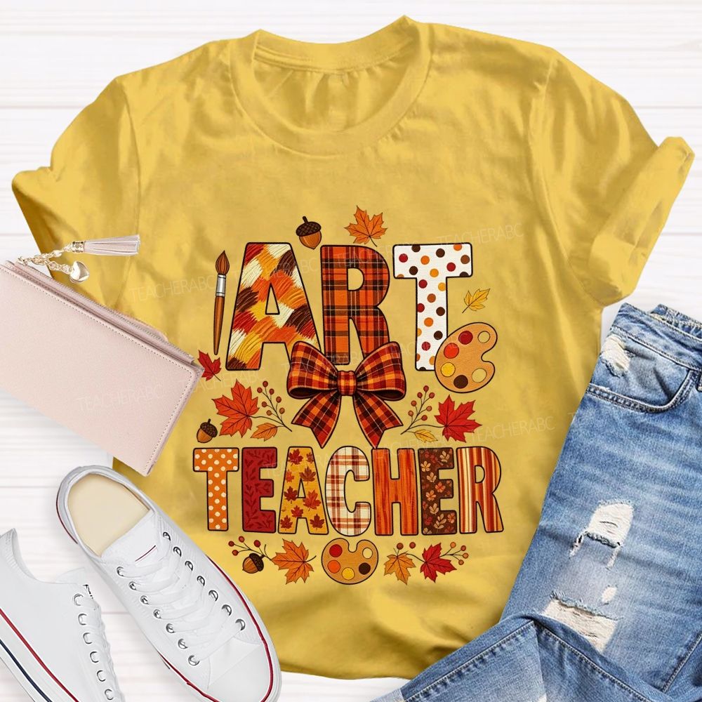 Fall Art Teacher Plaid Bow Maple Leaf Teacher T-shirt
