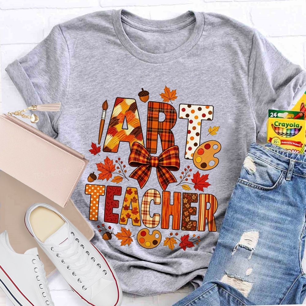 Fall Art Teacher Plaid Bow Maple Leaf Teacher T-shirt