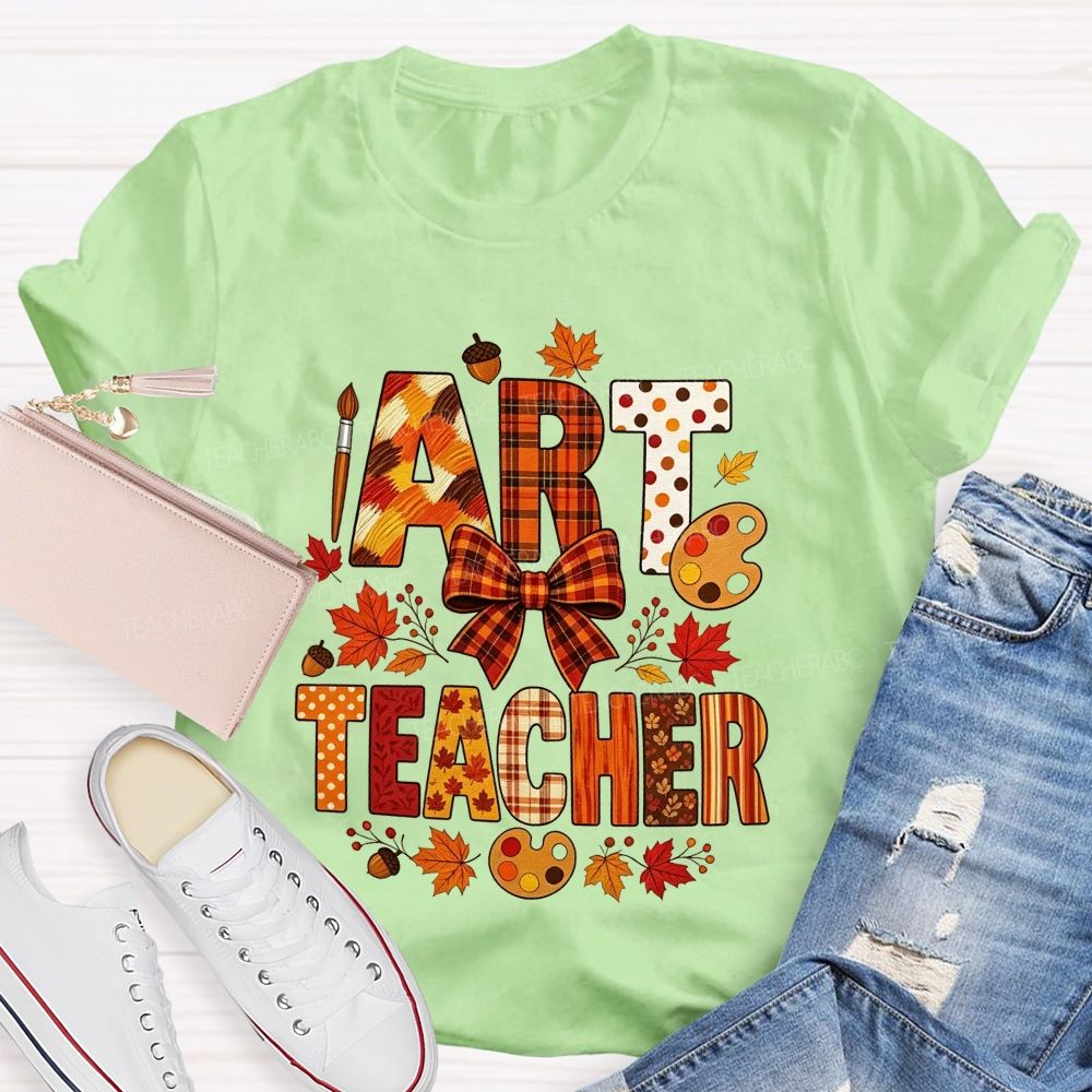 Fall Art Teacher Plaid Bow Maple Leaf Teacher T-shirt