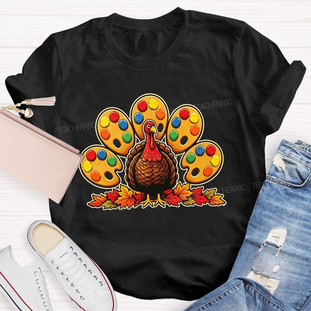 Art Teacher Thanksgiving Turkey Paint Palette Feathers Teacher T-shirt