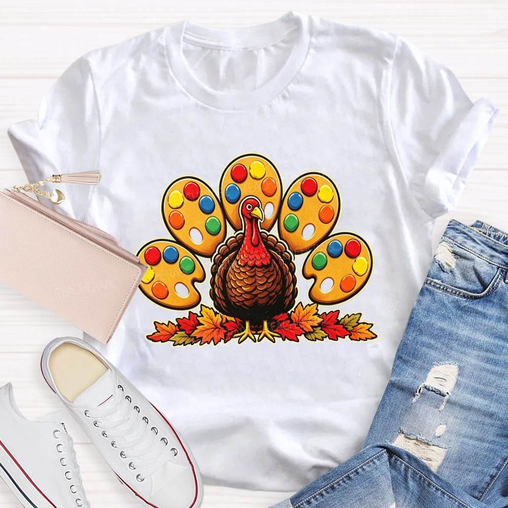 Art Teacher Thanksgiving Turkey Paint Palette Feathers Teacher T-shirt