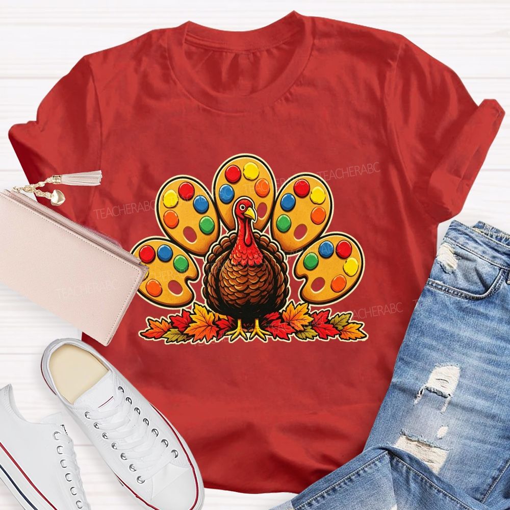 Art Teacher Thanksgiving Turkey Paint Palette Feathers Teacher T-shirt