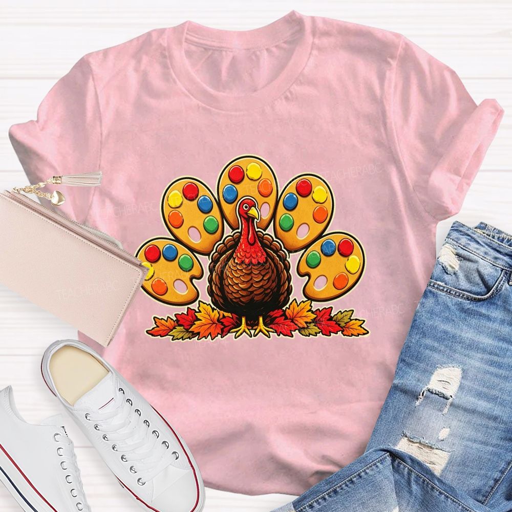 Art Teacher Thanksgiving Turkey Paint Palette Feathers Teacher T-shirt