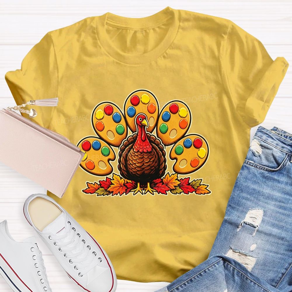 Art Teacher Thanksgiving Turkey Paint Palette Feathers Teacher T-shirt