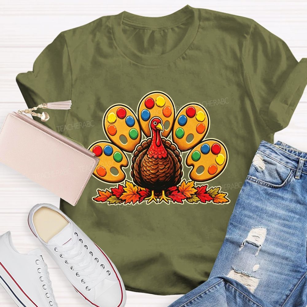 Art Teacher Thanksgiving Turkey Paint Palette Feathers Teacher T-shirt