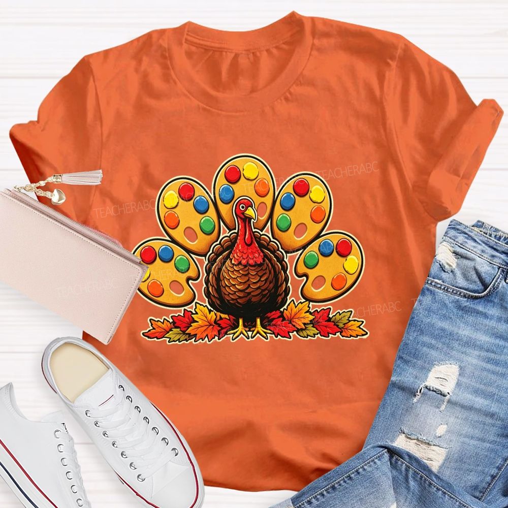 Art Teacher Thanksgiving Turkey Paint Palette Feathers Teacher T-shirt
