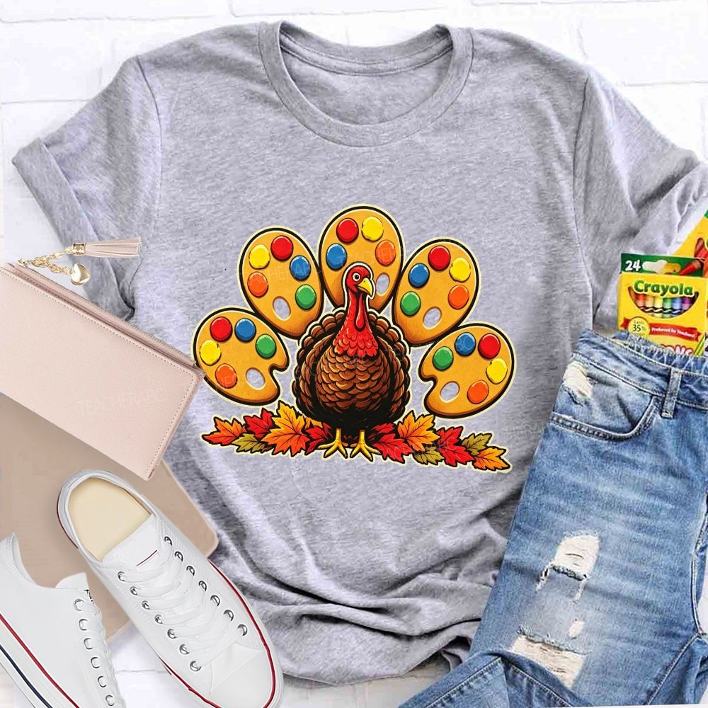 Art Teacher Thanksgiving Turkey Paint Palette Feathers Teacher T-shirt