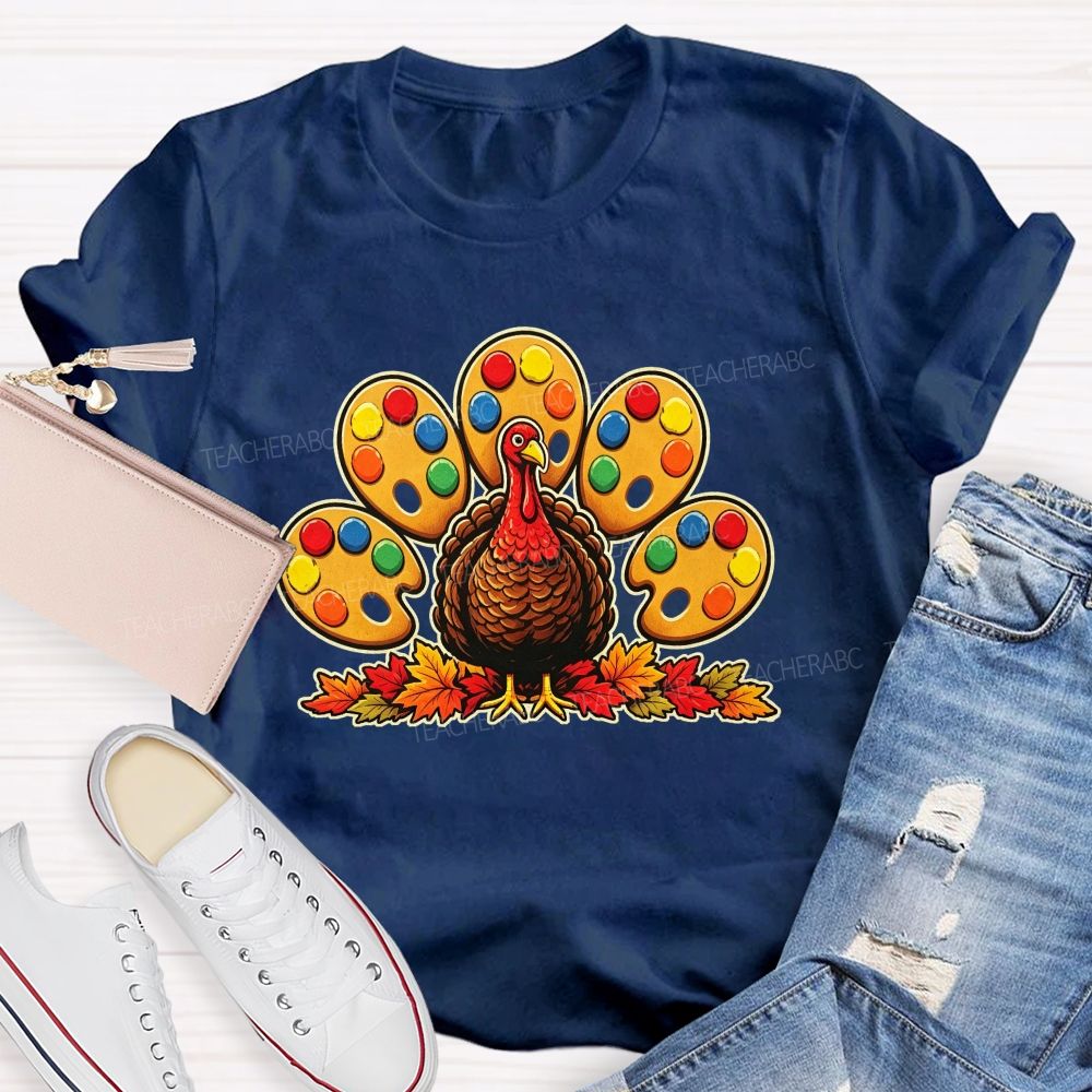 Art Teacher Thanksgiving Turkey Paint Palette Feathers Teacher T-shirt