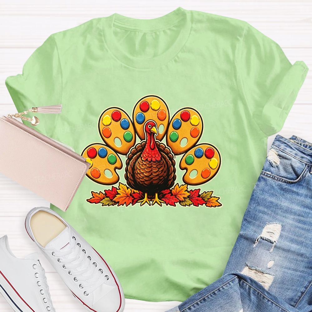 Art Teacher Thanksgiving Turkey Paint Palette Feathers Teacher T-shirt