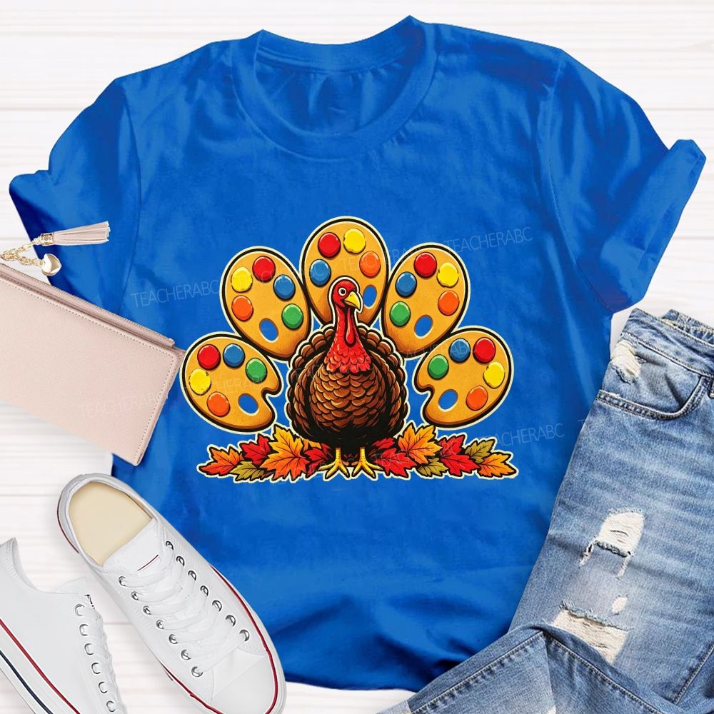 Art Teacher Thanksgiving Turkey Paint Palette Feathers Teacher T-shirt