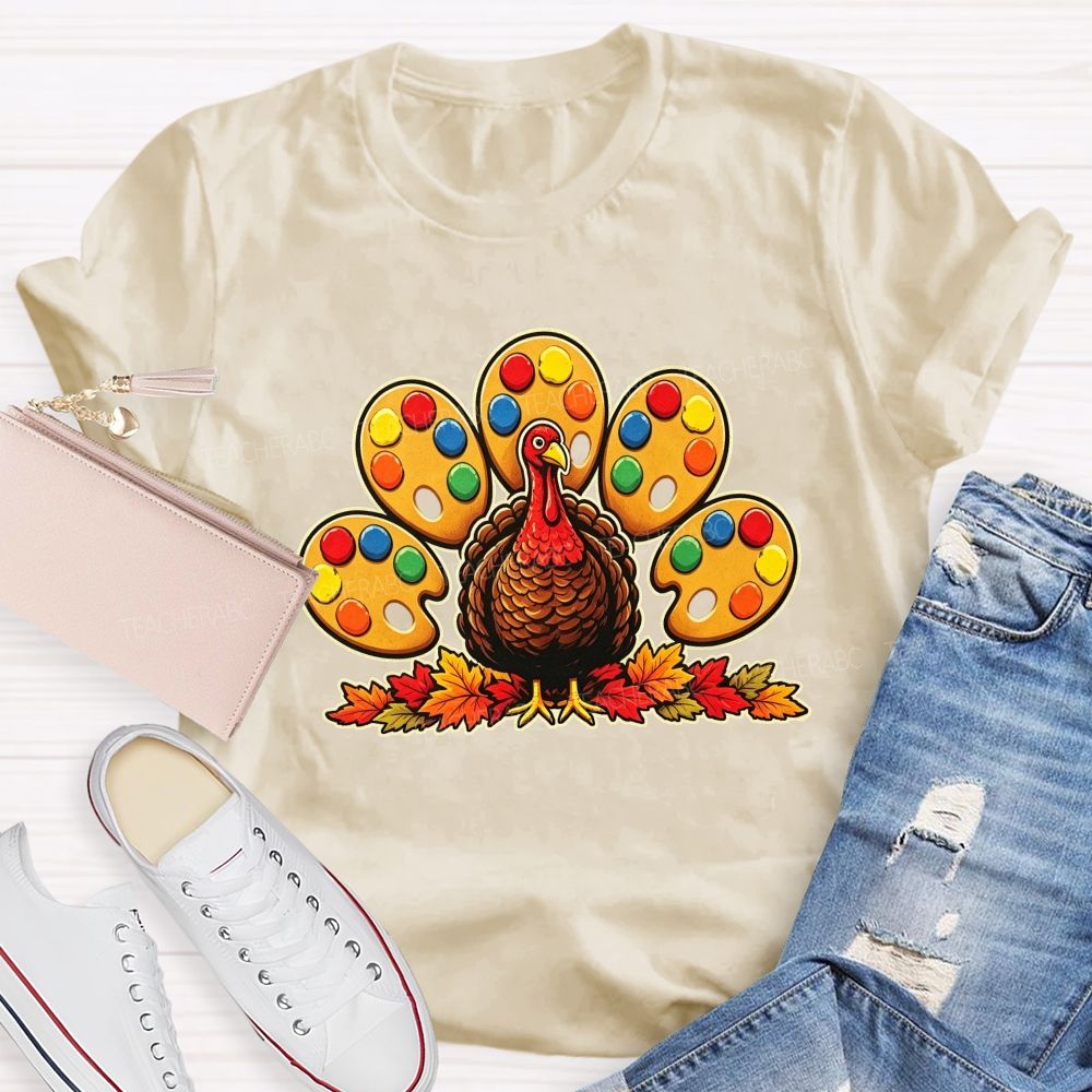 Art Teacher Thanksgiving Turkey Paint Palette Feathers Teacher T-shirt
