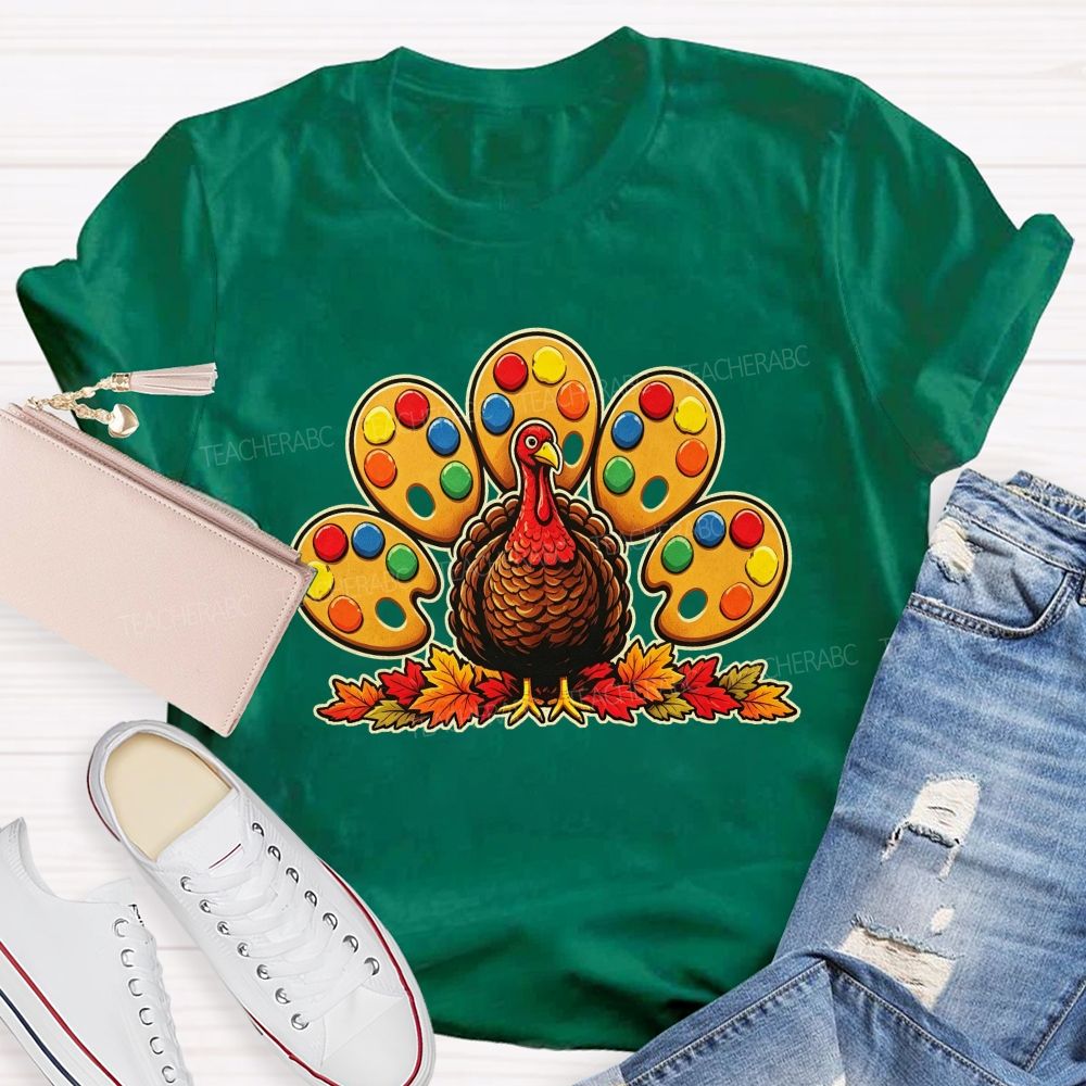 Art Teacher Thanksgiving Turkey Paint Palette Feathers Teacher T-shirt