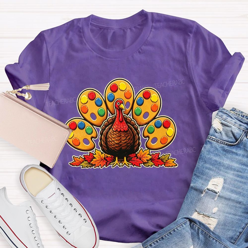 Art Teacher Thanksgiving Turkey Paint Palette Feathers Teacher T-shirt
