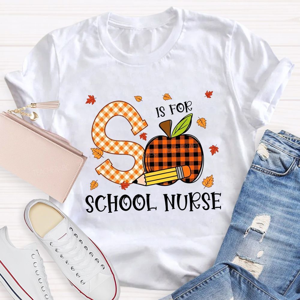 S Is For School Nurse Fall Plaid Apple Pencil T-shirt