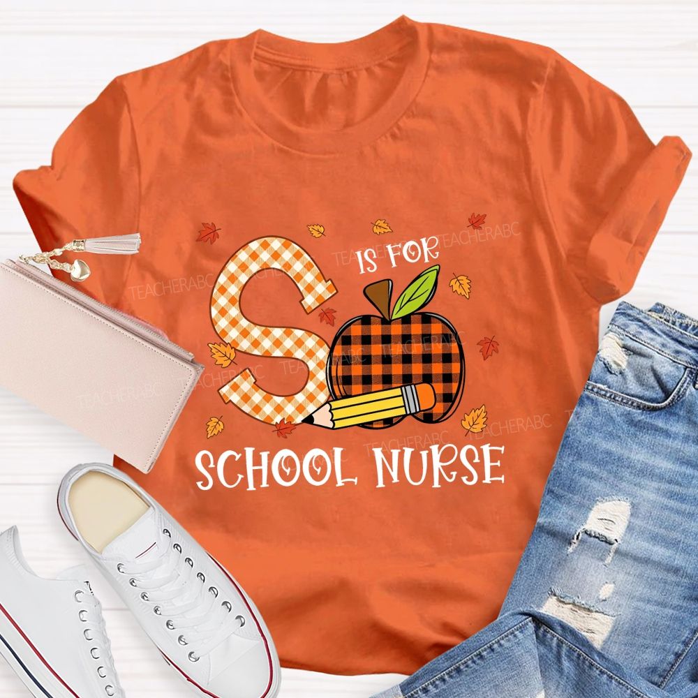 S Is For School Nurse Fall Plaid Apple Pencil T-shirt