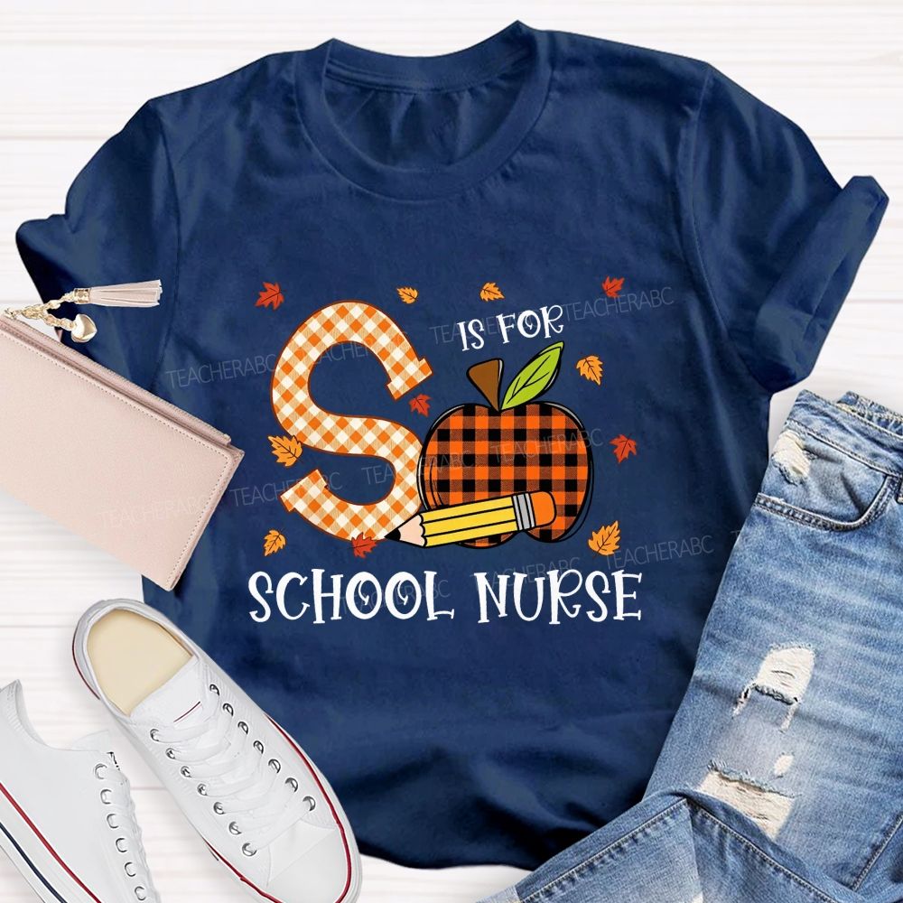 S Is For School Nurse Fall Plaid Apple Pencil T-shirt