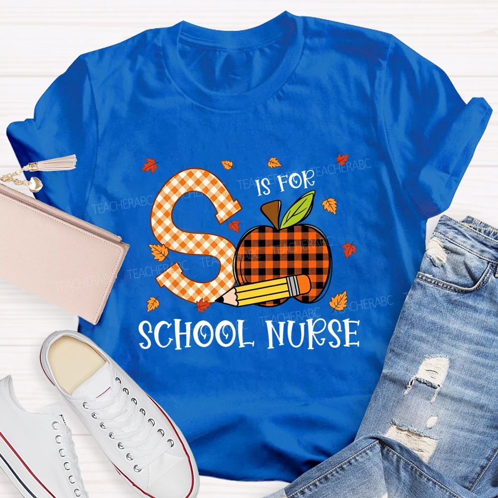 S Is For School Nurse Fall Plaid Apple Pencil T-shirt