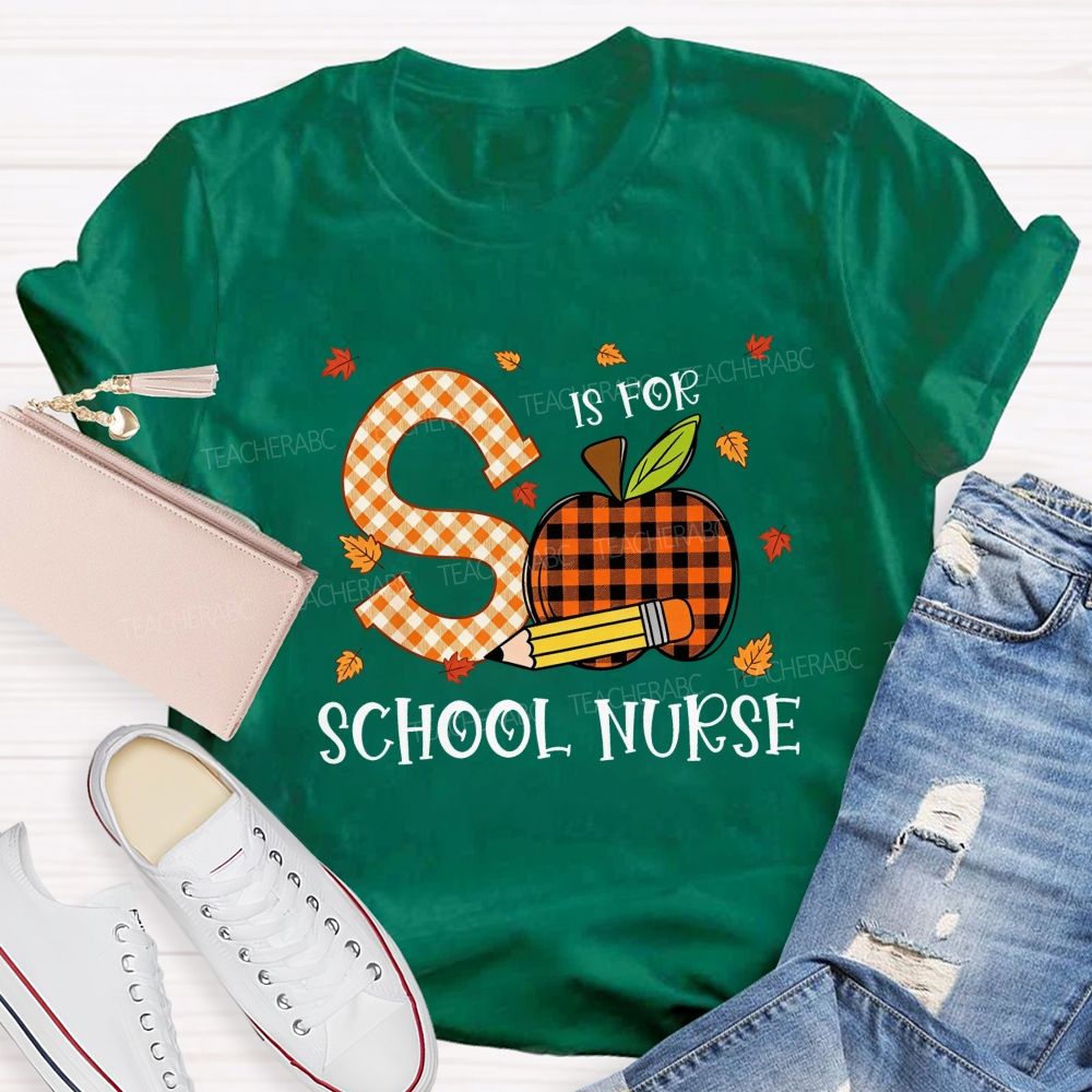 S Is For School Nurse Fall Plaid Apple Pencil T-shirt