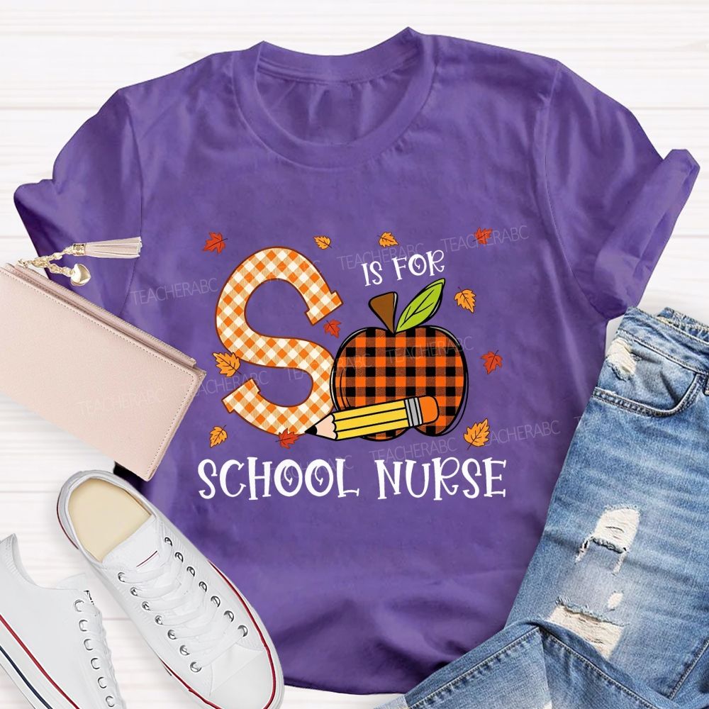 S Is For School Nurse Fall Plaid Apple Pencil T-shirt