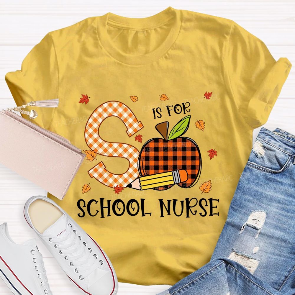 S Is For School Nurse Fall Plaid Apple Pencil T-shirt