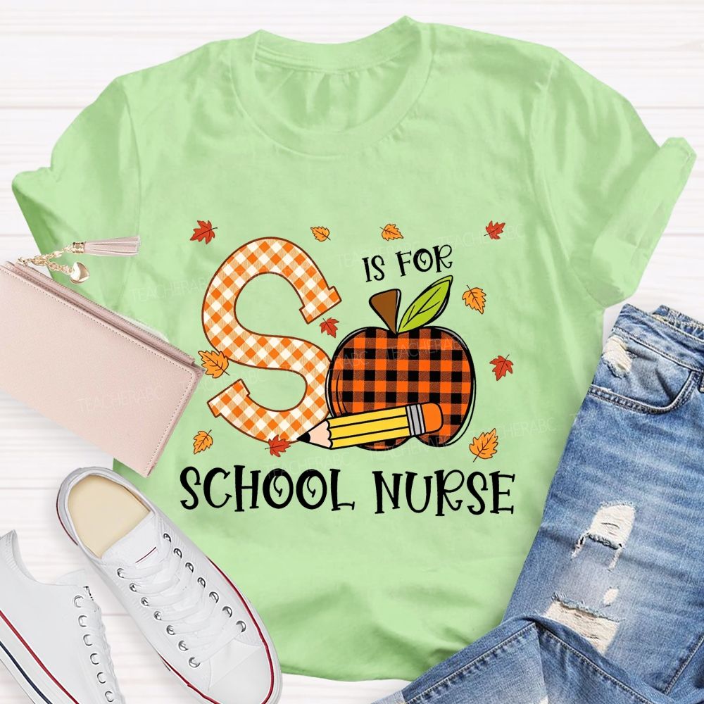 S Is For School Nurse Fall Plaid Apple Pencil T-shirt