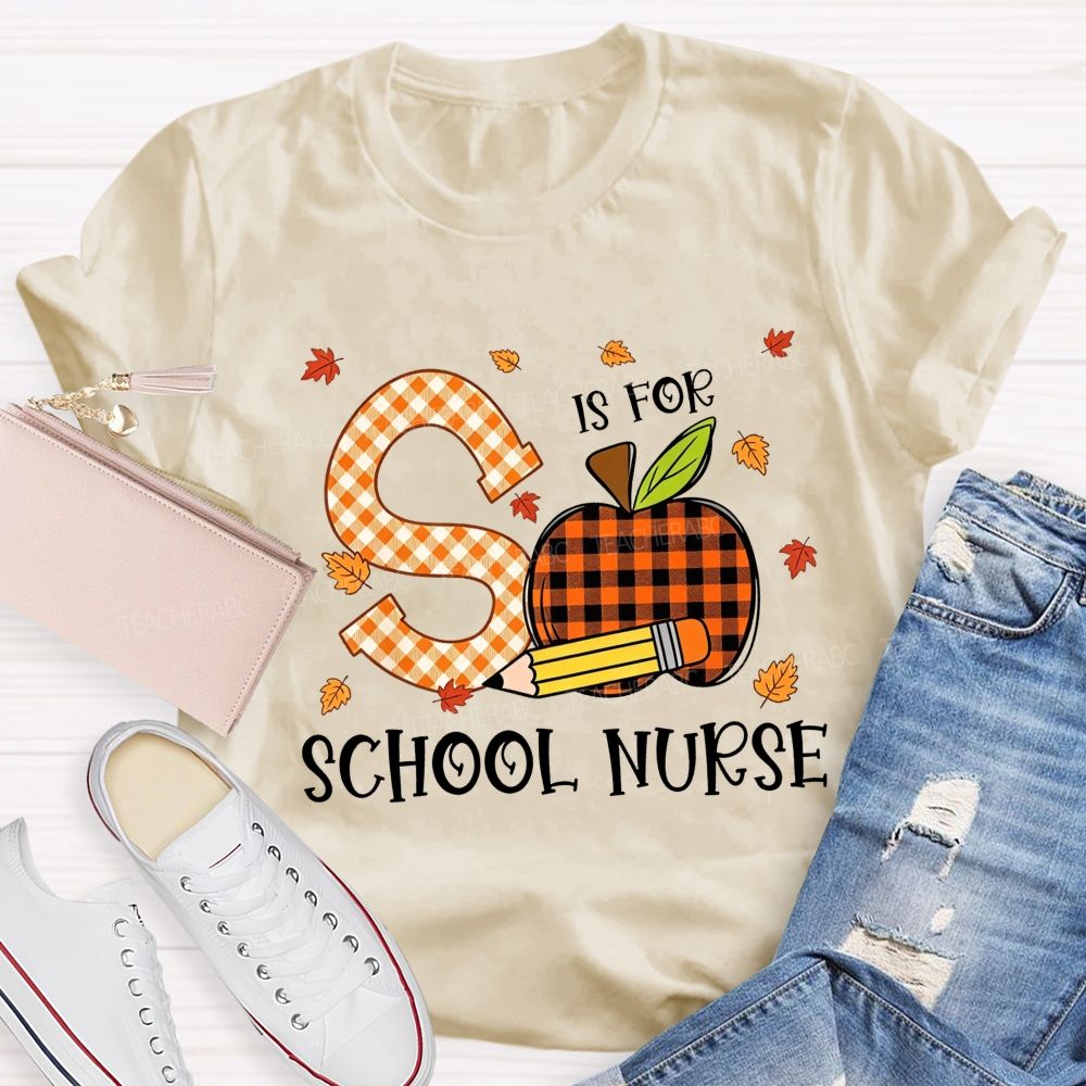 S Is For School Nurse Fall Plaid Apple Pencil T-shirt