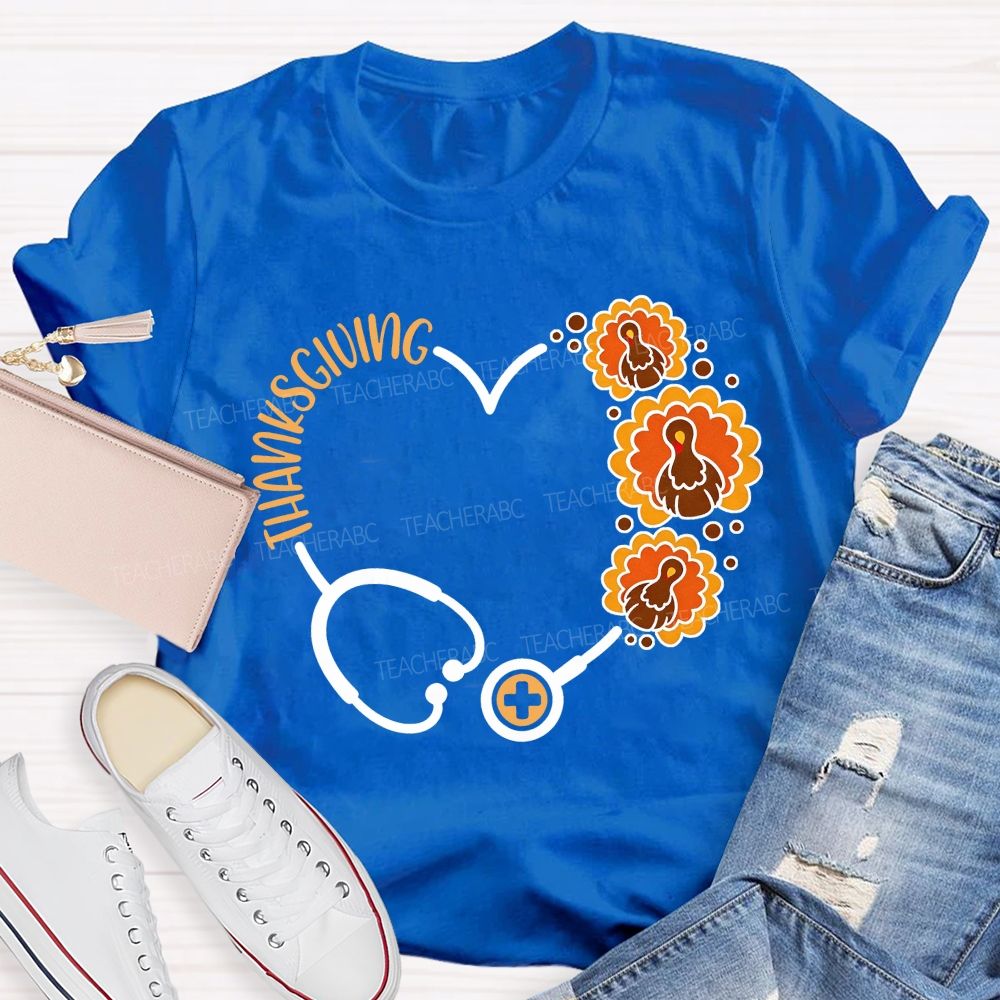 Thanksgiving Heart Stethoscope Turkey Nurse T-shirt