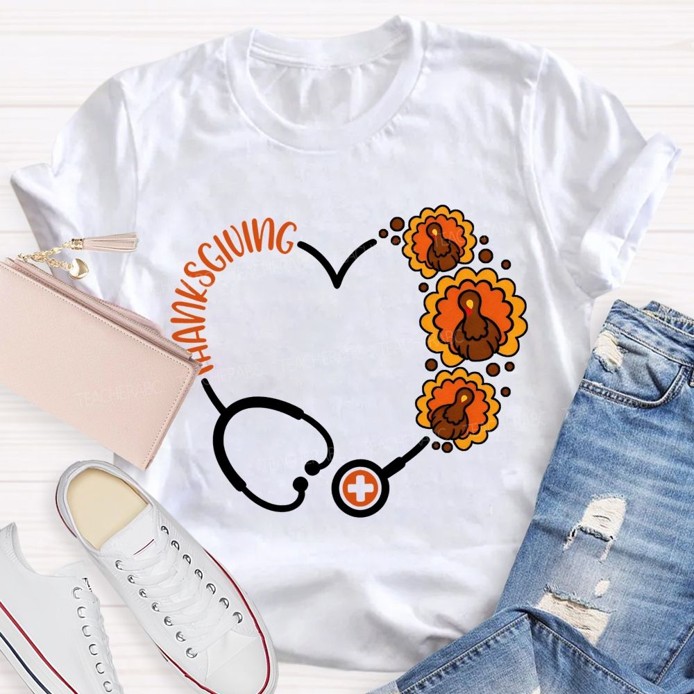 Thanksgiving Heart Stethoscope Turkey Nurse T-shirt