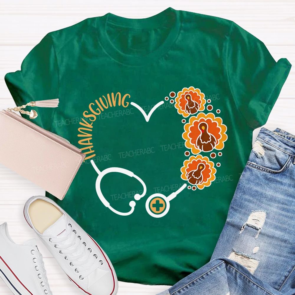 Thanksgiving Heart Stethoscope Turkey Nurse T-shirt
