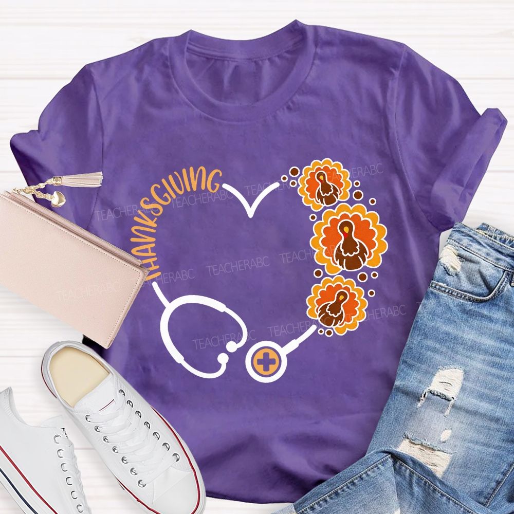 Thanksgiving Heart Stethoscope Turkey Nurse T-shirt