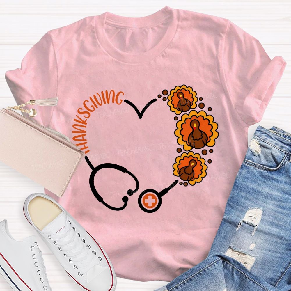 Thanksgiving Heart Stethoscope Turkey Nurse T-shirt