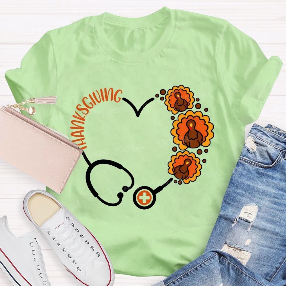 Thanksgiving Heart Stethoscope Turkey Nurse T-shirt