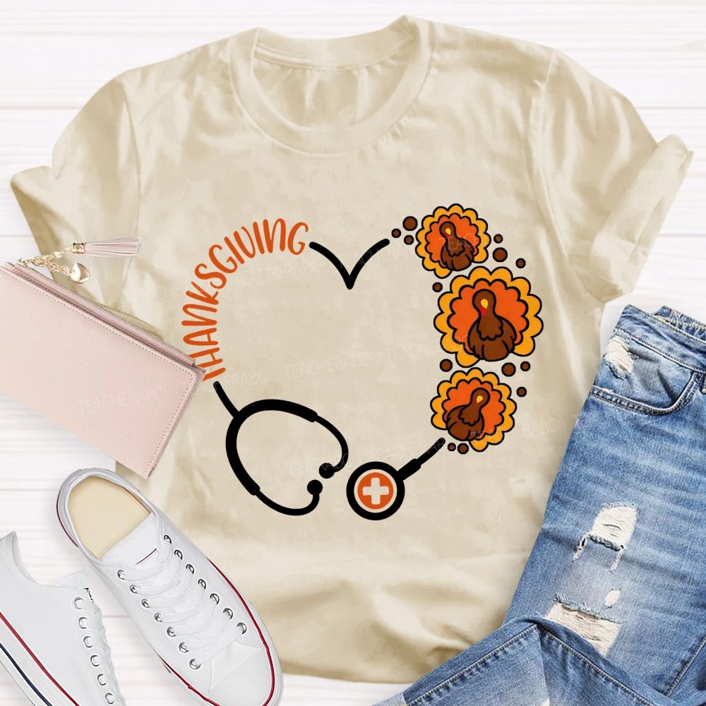 Thanksgiving Heart Stethoscope Turkey Nurse T-shirt