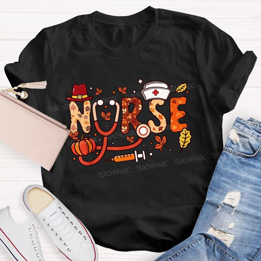 Autumn Nurse Lettering Pumpkin Syringe Nurse T-shirt