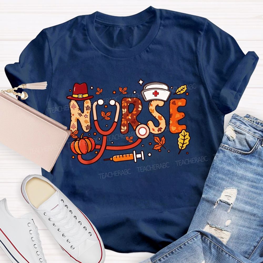 Autumn Nurse Lettering Pumpkin Syringe Nurse T-shirt
