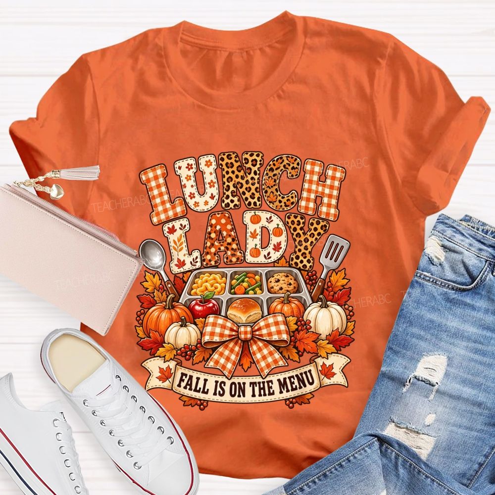 Fall Lunch Lady Leopard Gingham Autumn Cafeteria T-shirt