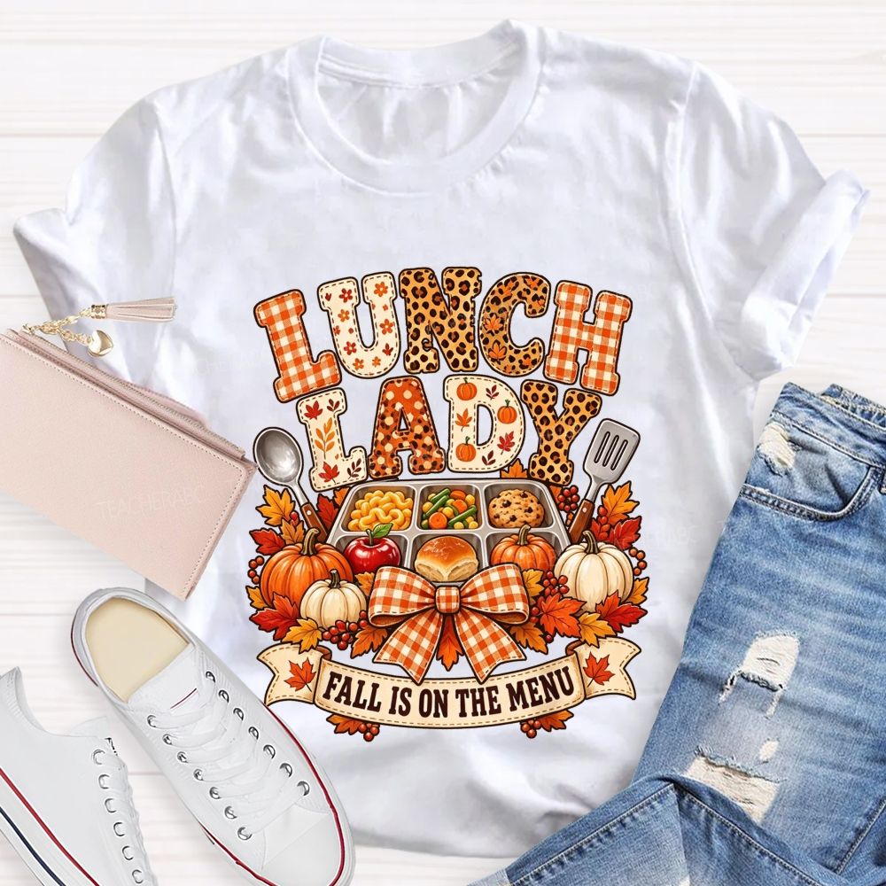 Fall Lunch Lady Leopard Gingham Autumn Cafeteria T-shirt