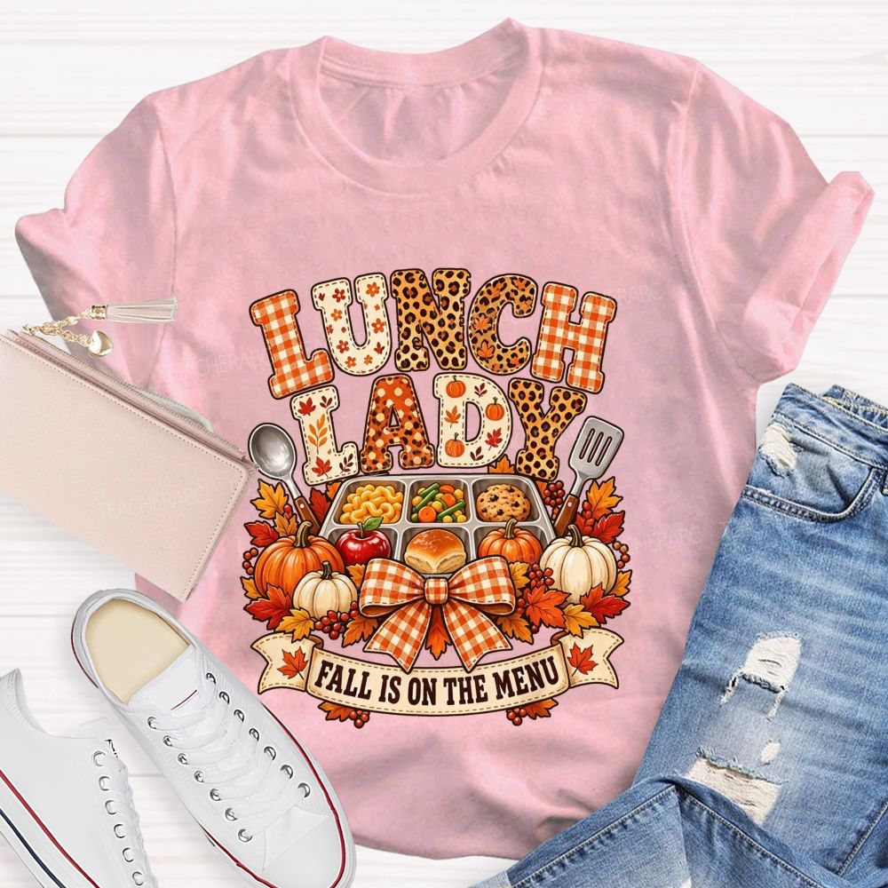 Fall Lunch Lady Leopard Gingham Autumn Cafeteria T-shirt