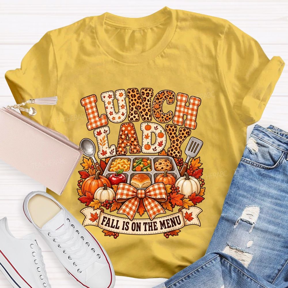 Fall Lunch Lady Leopard Gingham Autumn Cafeteria T-shirt