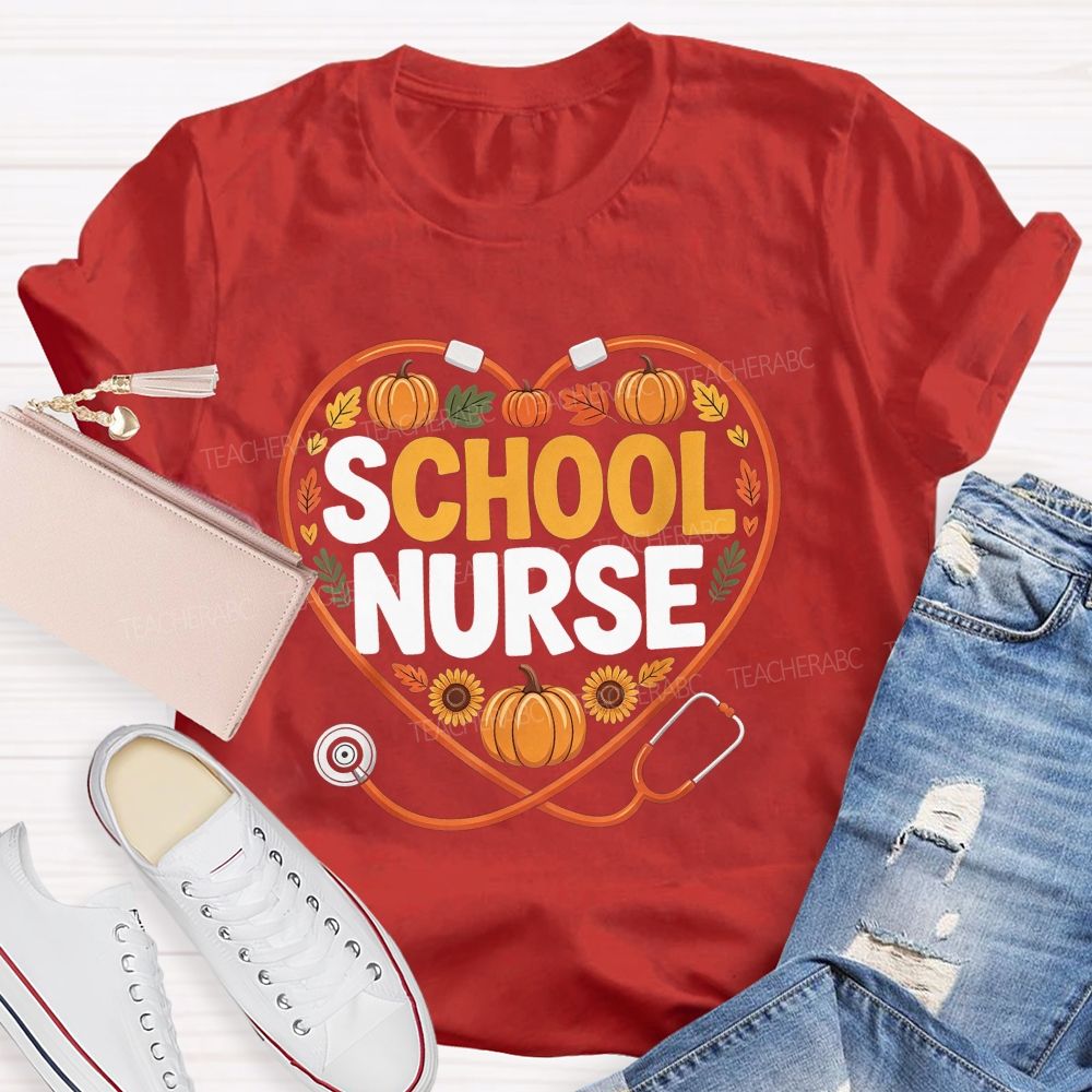 Fall School Nurse Heart Stethoscope Pumpkin Sunflower T-shirt