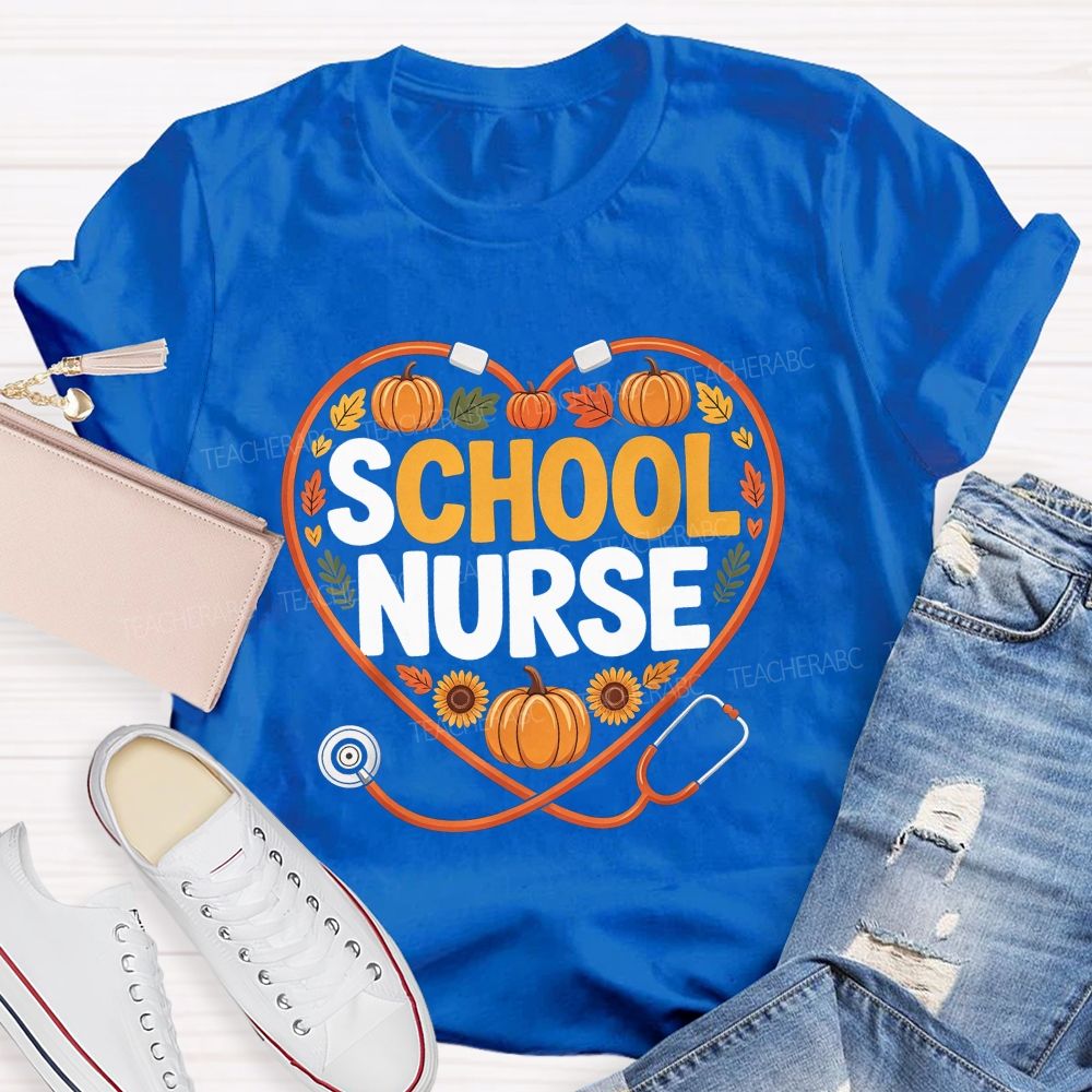 Fall School Nurse Heart Stethoscope Pumpkin Sunflower T-shirt