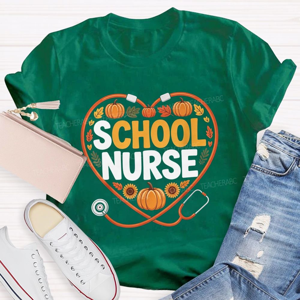 Fall School Nurse Heart Stethoscope Pumpkin Sunflower T-shirt